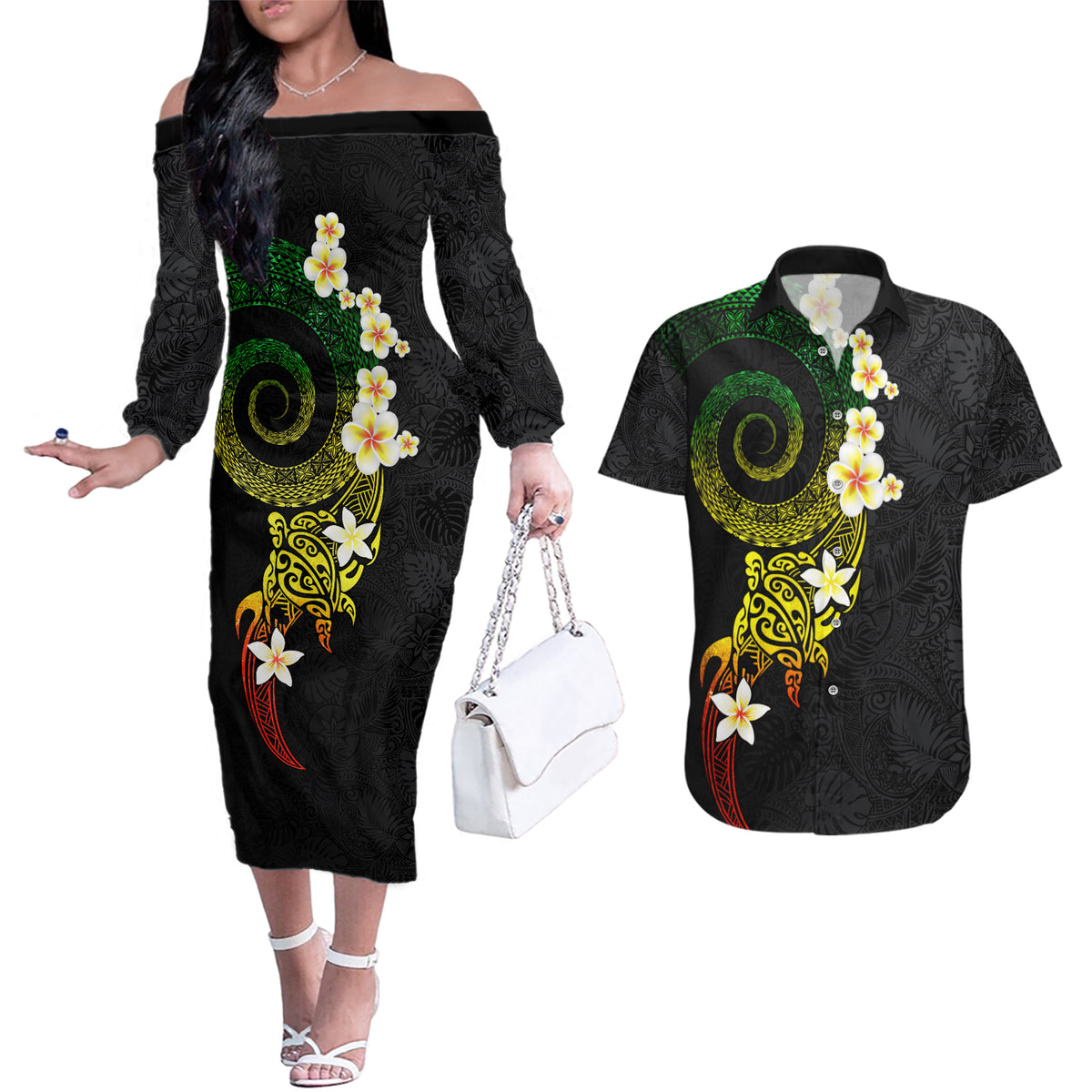 Polynesian Spiral Tribal Tattoo Couples Matching Off The Shoulder Long Sleeve Dress and Hawaiian Shirt Reggae Color