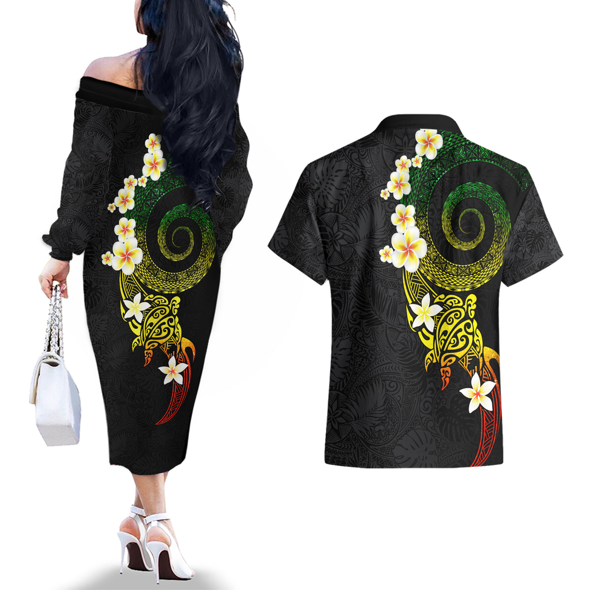 Polynesian Spiral Tribal Tattoo Couples Matching Off The Shoulder Long Sleeve Dress and Hawaiian Shirt Reggae Color