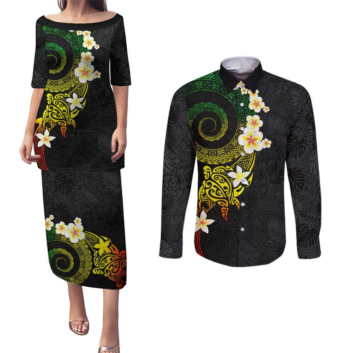Polynesian Spiral Tribal Tattoo Couples Matching Puletasi and Long Sleeve Button Shirt Reggae Color LT03 Reggae - Polynesian Pride
