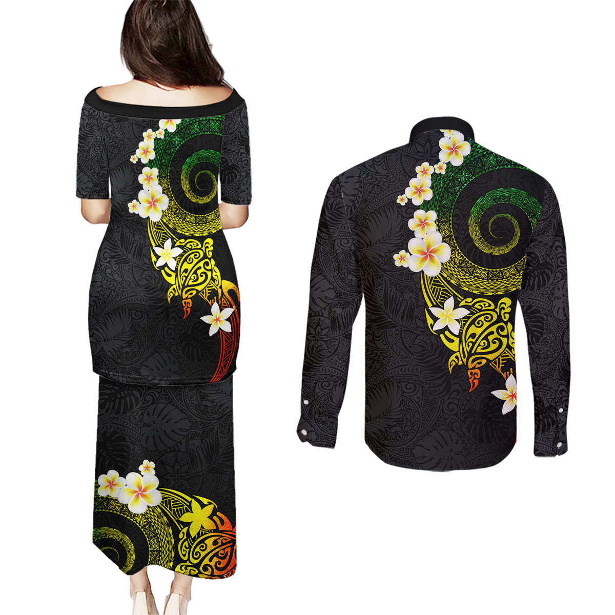 Polynesian Spiral Tribal Tattoo Couples Matching Puletasi and Long Sleeve Button Shirt Reggae Color LT03 - Polynesian Pride
