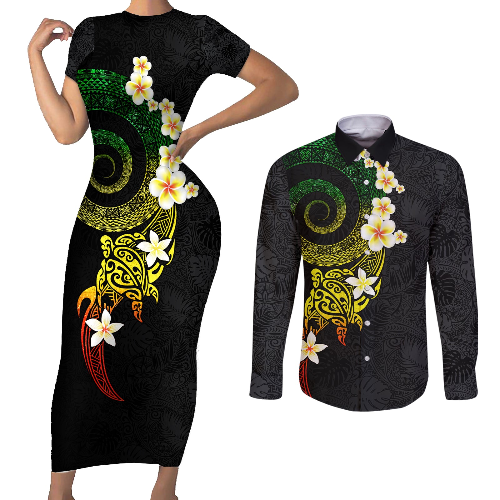 Polynesian Spiral Tribal Tattoo Couples Matching Short Sleeve Bodycon Dress and Long Sleeve Button Shirt Reggae Color LT03 Reggae - Polynesian Pride