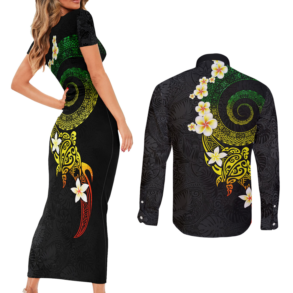 Polynesian Spiral Tribal Tattoo Couples Matching Short Sleeve Bodycon Dress and Long Sleeve Button Shirt Reggae Color LT03 - Polynesian Pride