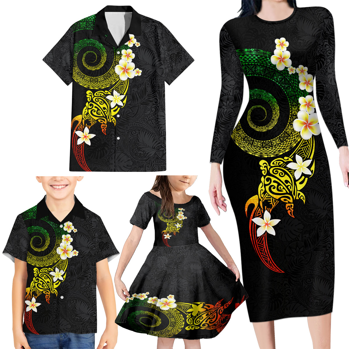 Polynesian Spiral Tribal Tattoo Family Matching Long Sleeve Bodycon Dress and Hawaiian Shirt Reggae Color