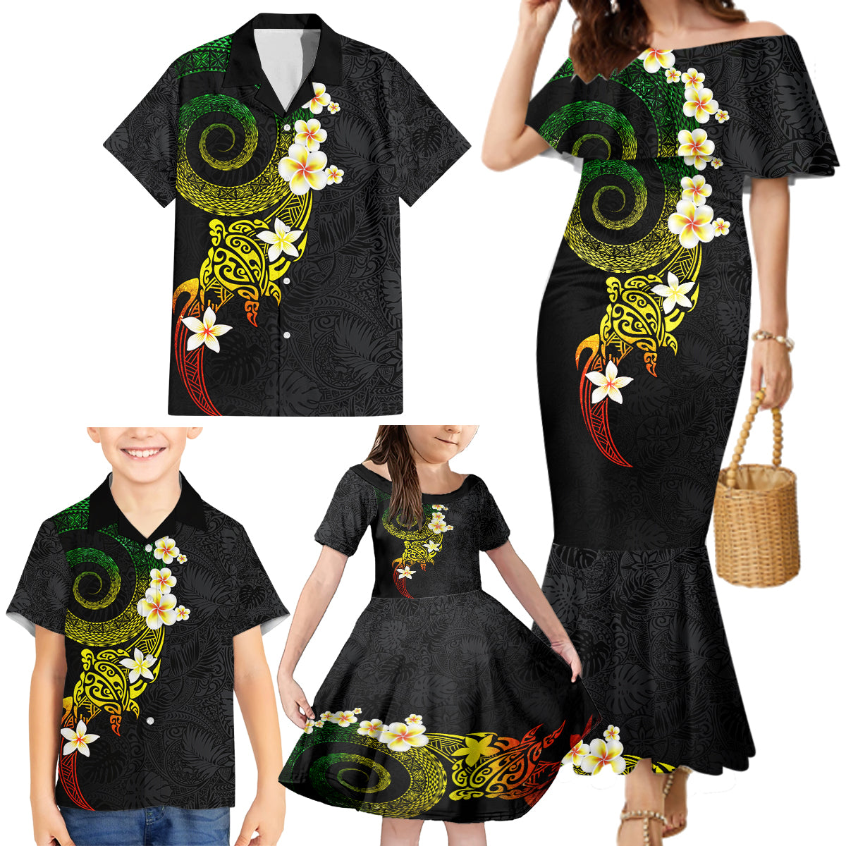 Polynesian Spiral Tribal Tattoo Family Matching Mermaid Dress and Hawaiian Shirt Reggae Color