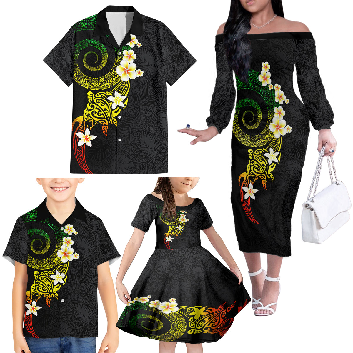 Polynesian Spiral Tribal Tattoo Family Matching Off The Shoulder Long Sleeve Dress and Hawaiian Shirt Reggae Color