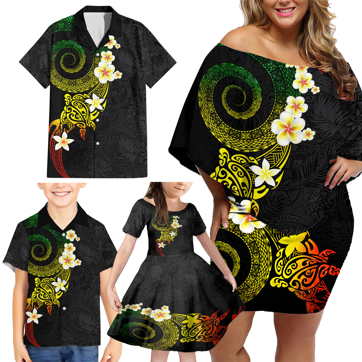 Polynesian Spiral Tribal Tattoo Family Matching Off Shoulder Short Dress and Hawaiian Shirt Reggae Color