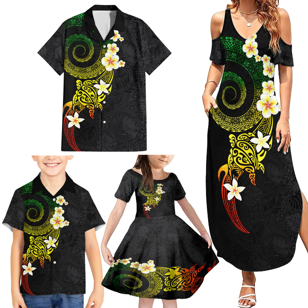 Polynesian Spiral Tribal Tattoo Family Matching Summer Maxi Dress and Hawaiian Shirt Reggae Color LT03 - Polynesian Pride