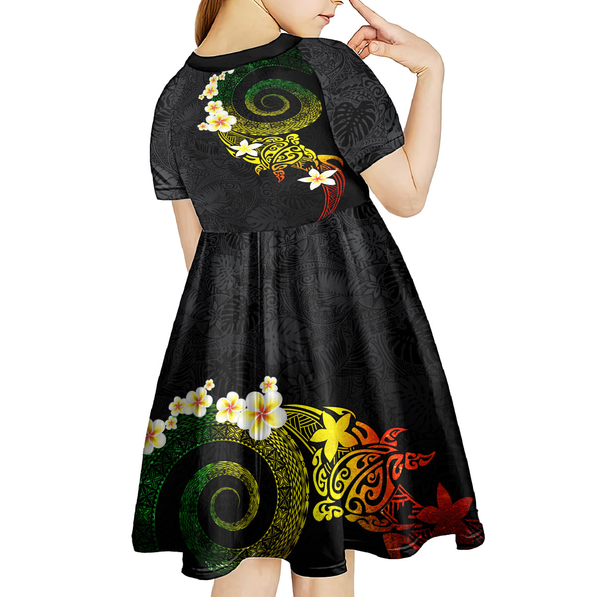 Polynesian Spiral Tribal Tattoo Kid Short Sleeve Dress Reggae Color