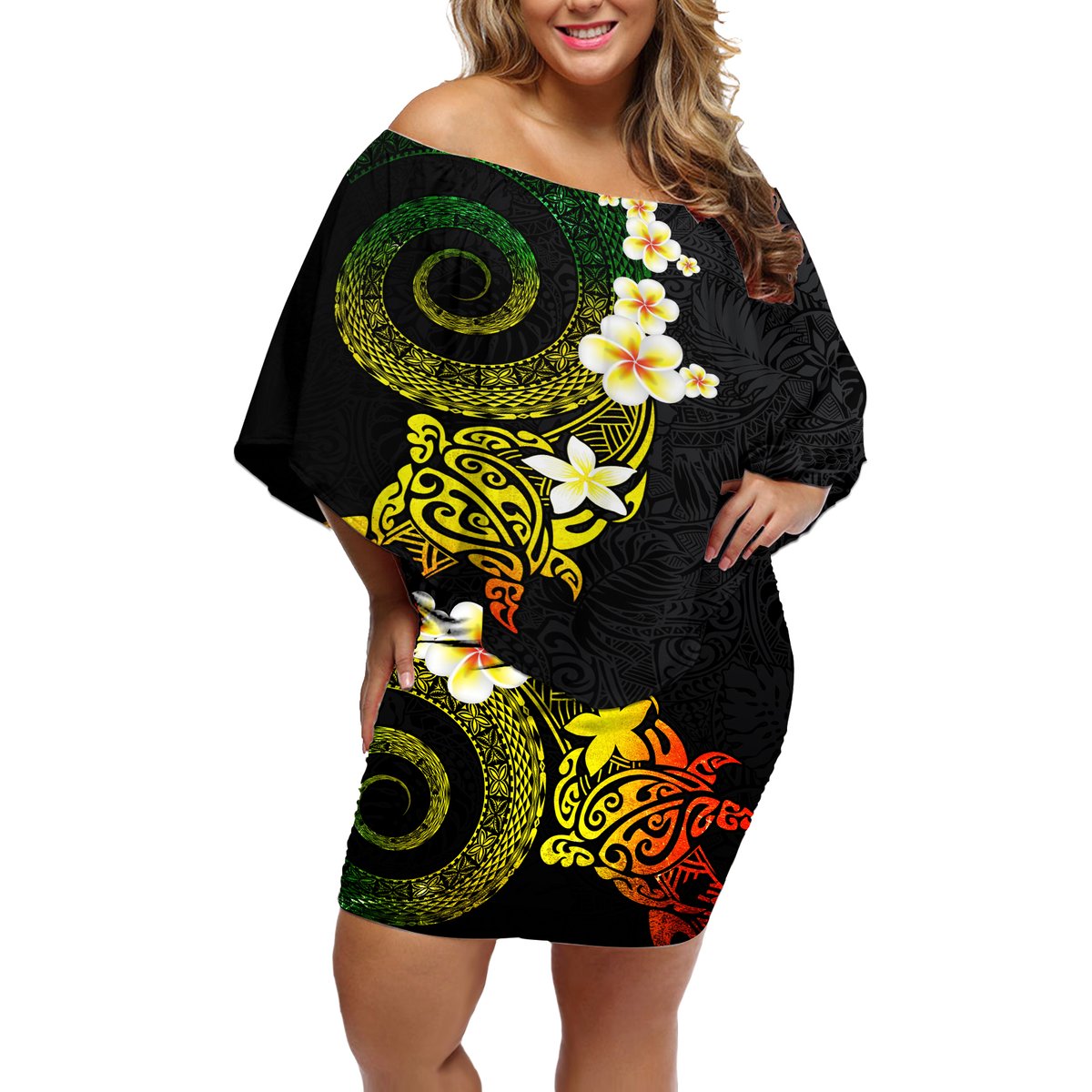 Polynesian Spiral Tribal Tattoo Off Shoulder Short Dress Reggae Color LT03 Women Reggae - Polynesian Pride