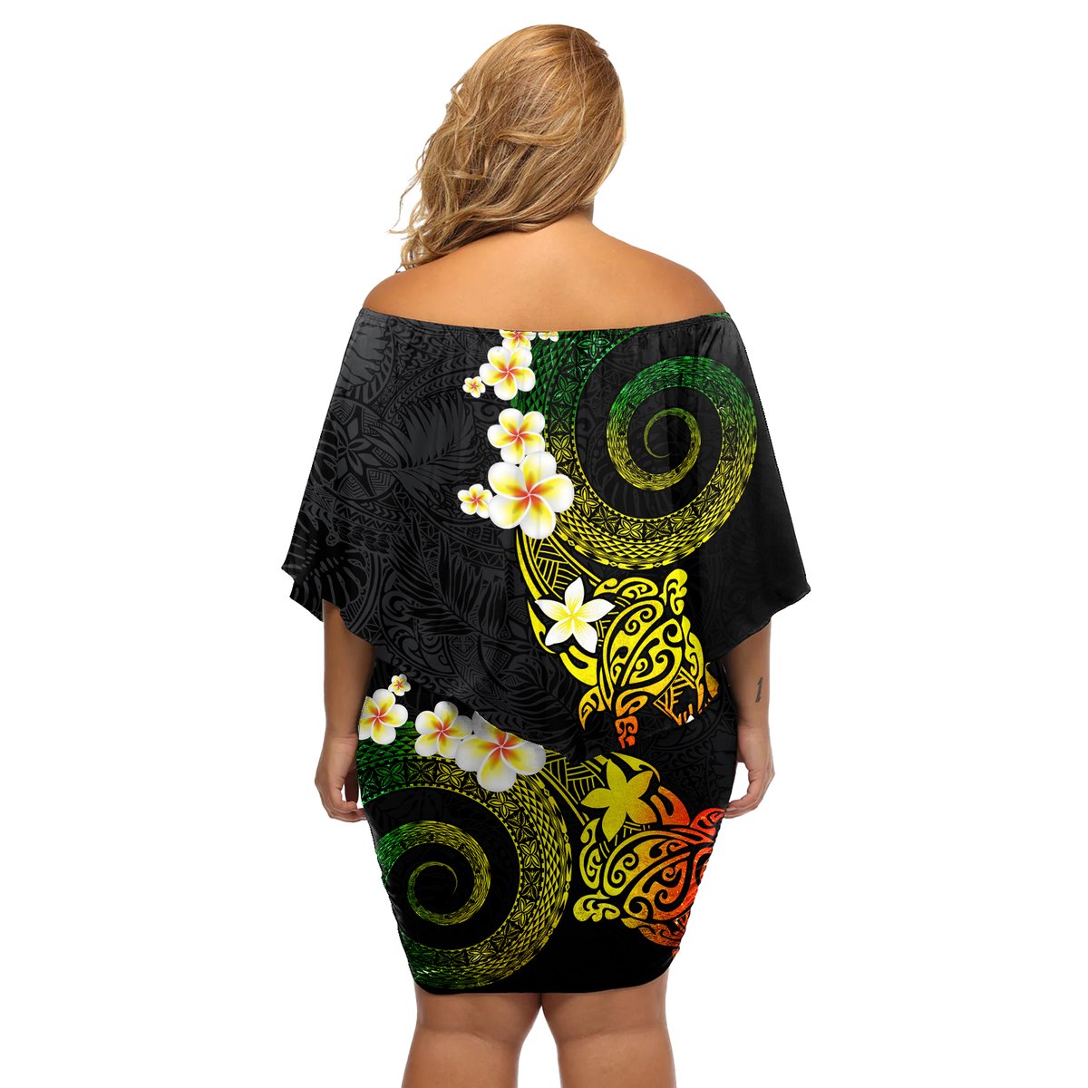 Polynesian Spiral Tribal Tattoo Off Shoulder Short Dress Reggae Color LT03 - Polynesian Pride