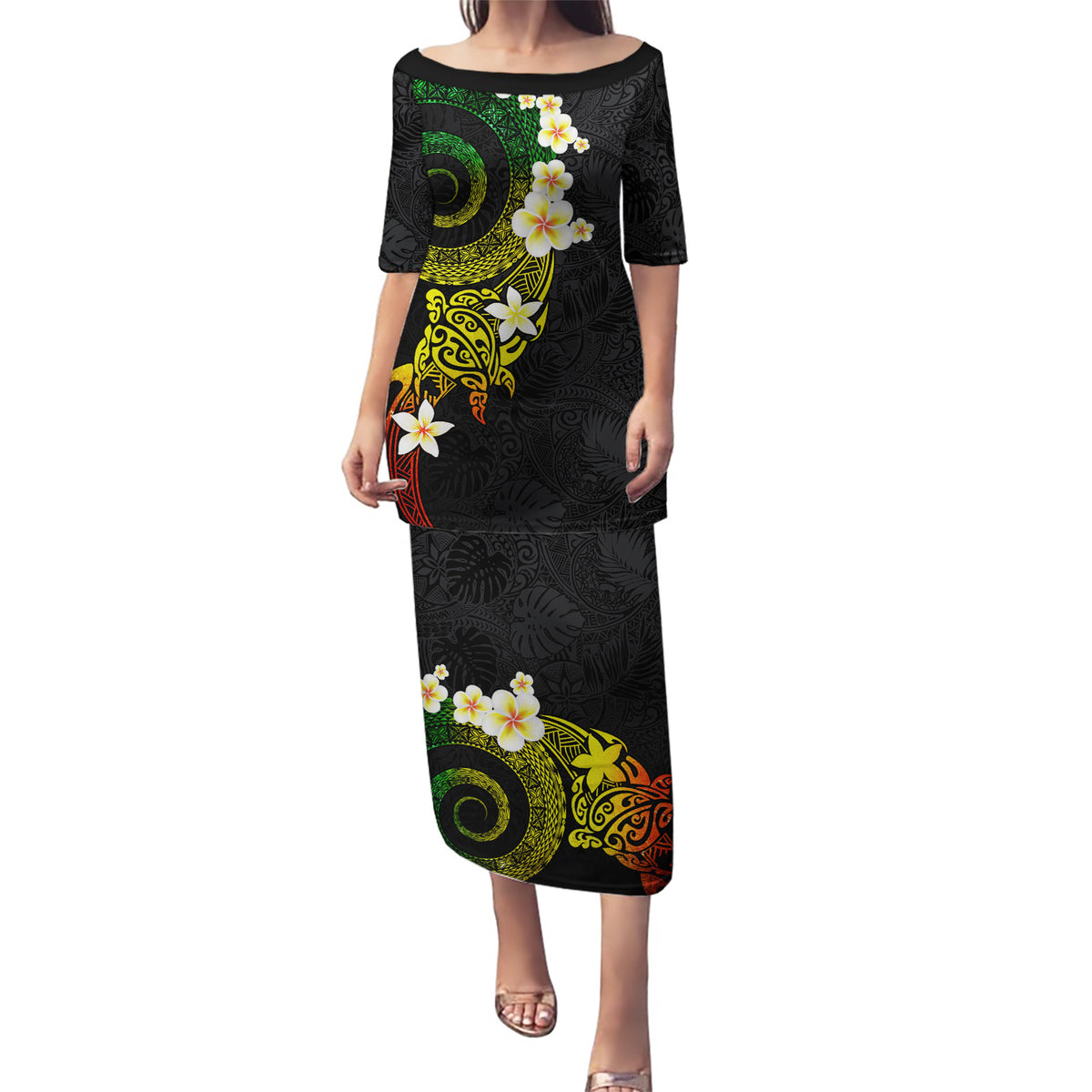 Polynesian Spiral Tribal Tattoo Puletasi Reggae Color LT03 Long Dress Reggae - Polynesian Pride