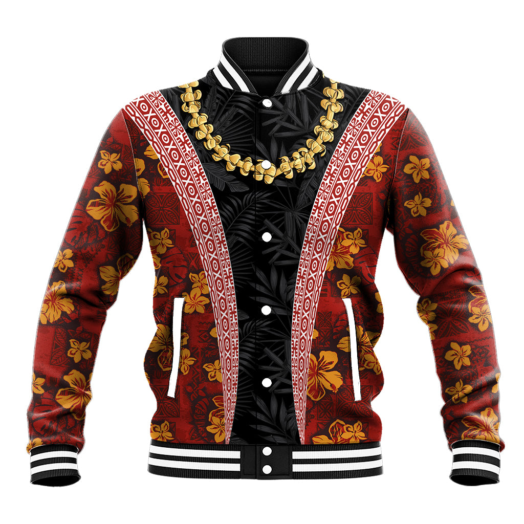 Hawaii Lei and Hibiscus Flowers Tribal Baseball Jacket Patchwork Abstract Vintage LT03 Unisex Red - Polynesian Pride