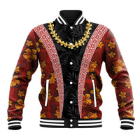 Hawaii Lei and Hibiscus Flowers Tribal Baseball Jacket Patchwork Abstract Vintage LT03 Unisex Red - Polynesian Pride