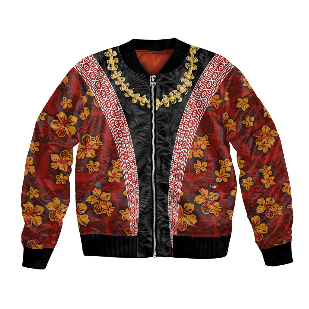 Hawaii Lei and Hibiscus Flowers Tribal Bomber Jacket Patchwork Abstract Vintage LT03 Unisex Red - Polynesian Pride