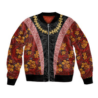 Hawaii Lei and Hibiscus Flowers Tribal Bomber Jacket Patchwork Abstract Vintage LT03 Unisex Red - Polynesian Pride