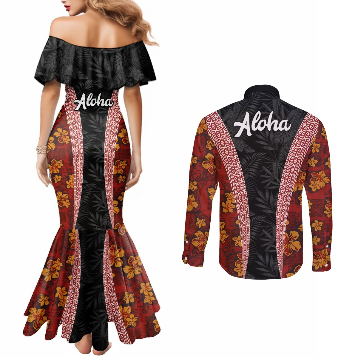 Hawaii Lei and Hibiscus Flowers Tribal Couples Matching Mermaid Dress and Long Sleeve Button Shirt Patchwork Abstract Vintage LT03 - Polynesian Pride
