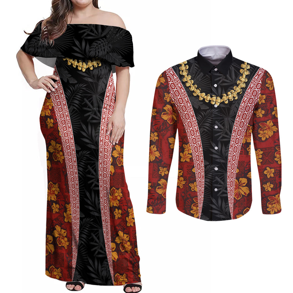 Hawaii Lei and Hibiscus Flowers Tribal Couples Matching Off Shoulder Maxi Dress and Long Sleeve Button Shirt Patchwork Abstract Vintage LT03 Red - Polynesian Pride
