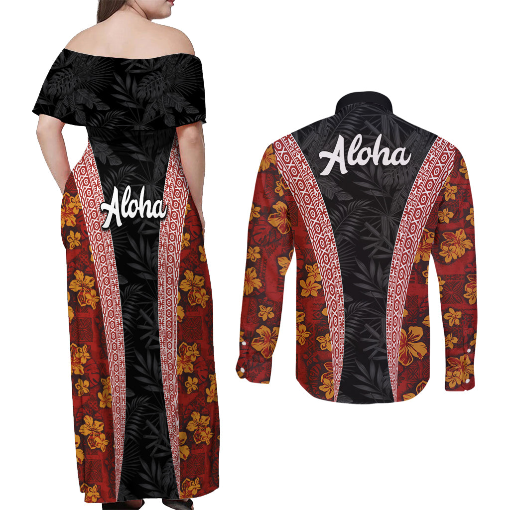 Hawaii Lei and Hibiscus Flowers Tribal Couples Matching Off Shoulder Maxi Dress and Long Sleeve Button Shirt Patchwork Abstract Vintage LT03 - Polynesian Pride
