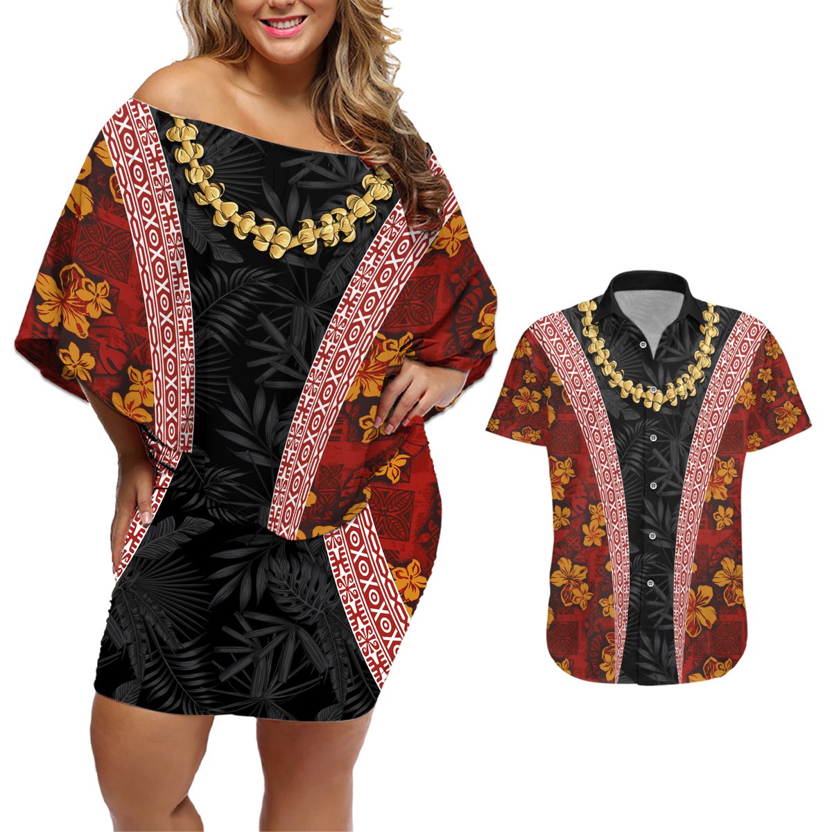 Hawaii Lei and Hibiscus Flowers Tribal Couples Matching Off Shoulder Short Dress and Hawaiian Shirt Patchwork Abstract Vintage LT03 Red - Polynesian Pride