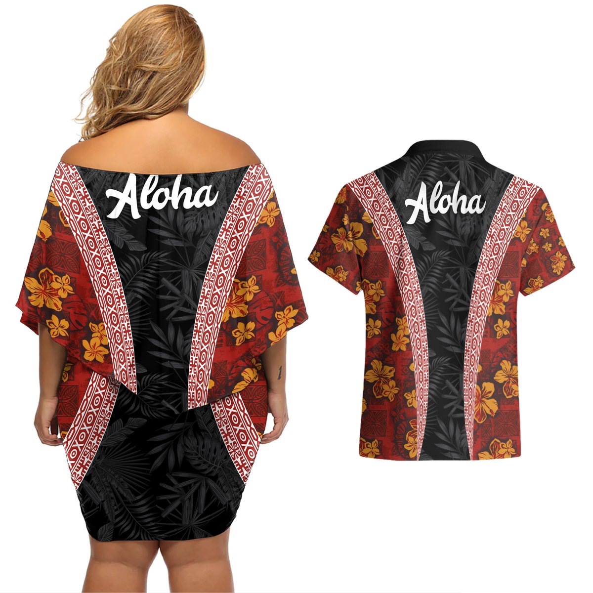 Hawaii Lei and Hibiscus Flowers Tribal Couples Matching Off Shoulder Short Dress and Hawaiian Shirt Patchwork Abstract Vintage LT03 - Polynesian Pride