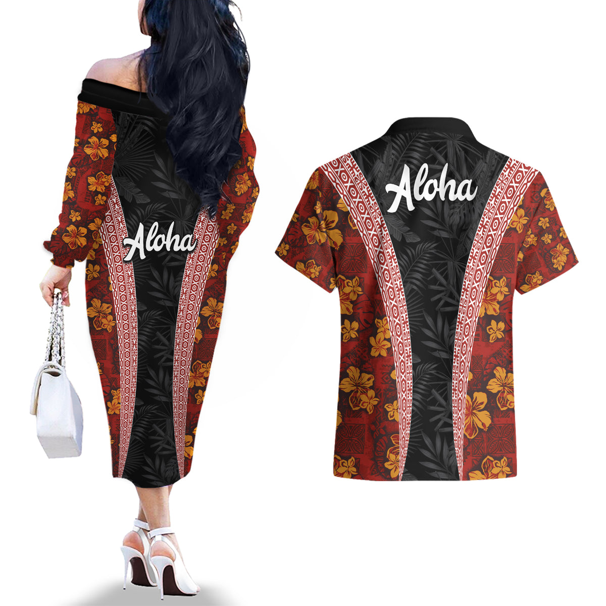 Hawaii Lei and Hibiscus Flowers Tribal Couples Matching Off The Shoulder Long Sleeve Dress and Hawaiian Shirt Patchwork Abstract Vintage