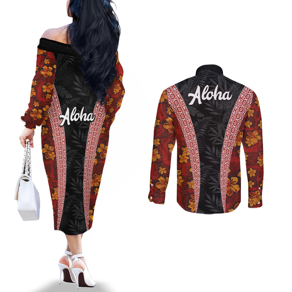 Hawaii Lei and Hibiscus Flowers Tribal Couples Matching Off The Shoulder Long Sleeve Dress and Long Sleeve Button Shirt Patchwork Abstract Vintage
