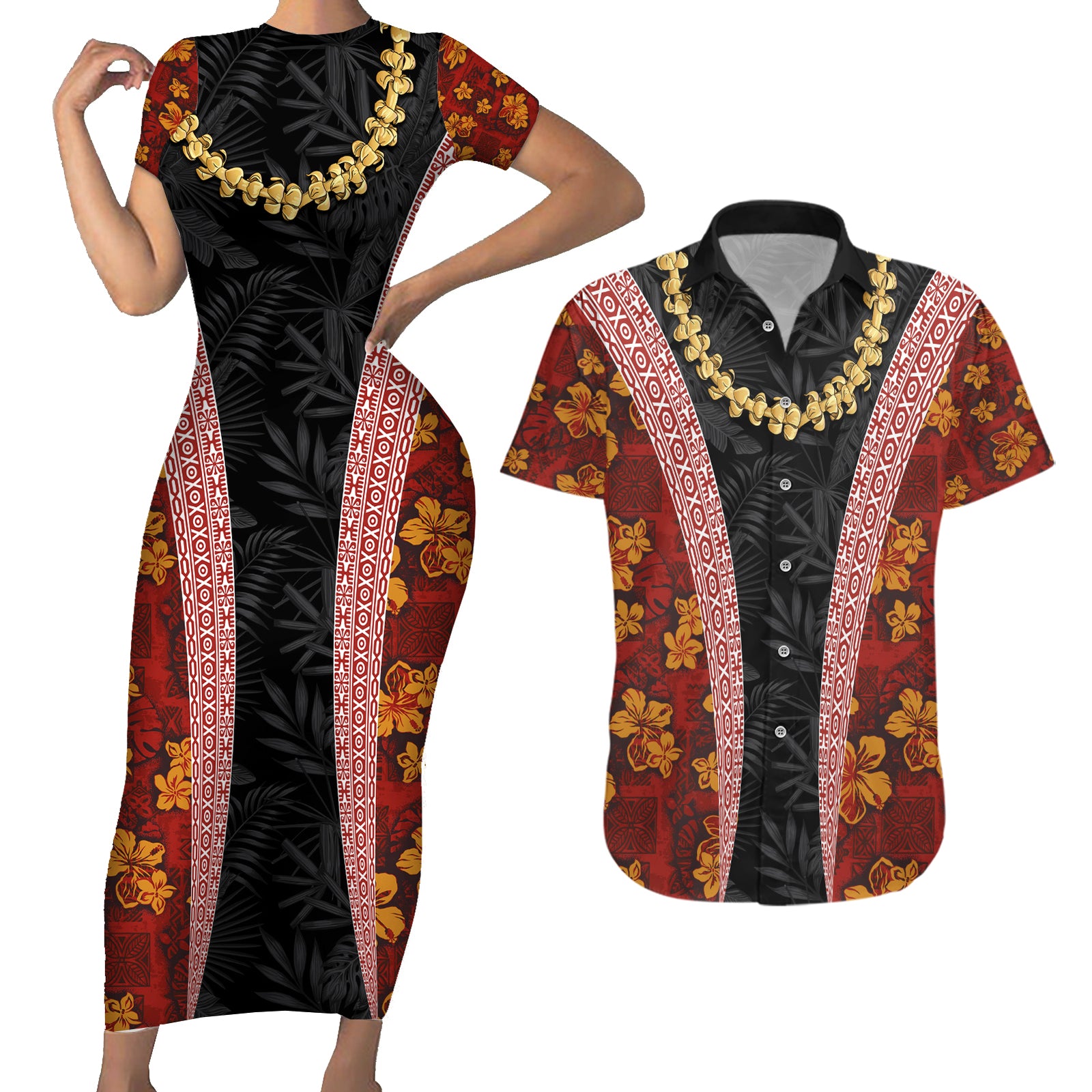 Hawaii Lei and Hibiscus Flowers Tribal Couples Matching Short Sleeve Bodycon Dress and Hawaiian Shirt Patchwork Abstract Vintage LT03 Red - Polynesian Pride
