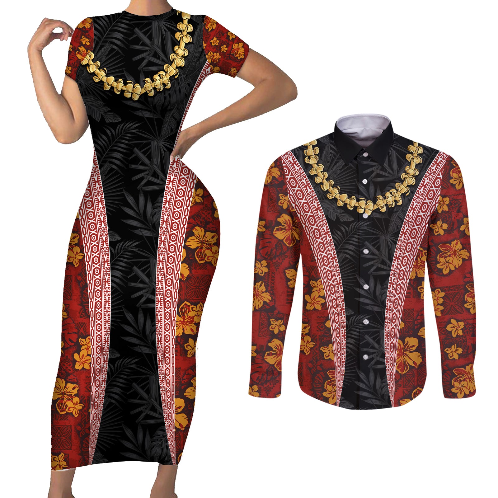 Hawaii Lei and Hibiscus Flowers Tribal Couples Matching Short Sleeve Bodycon Dress and Long Sleeve Button Shirt Patchwork Abstract Vintage LT03 Red - Polynesian Pride