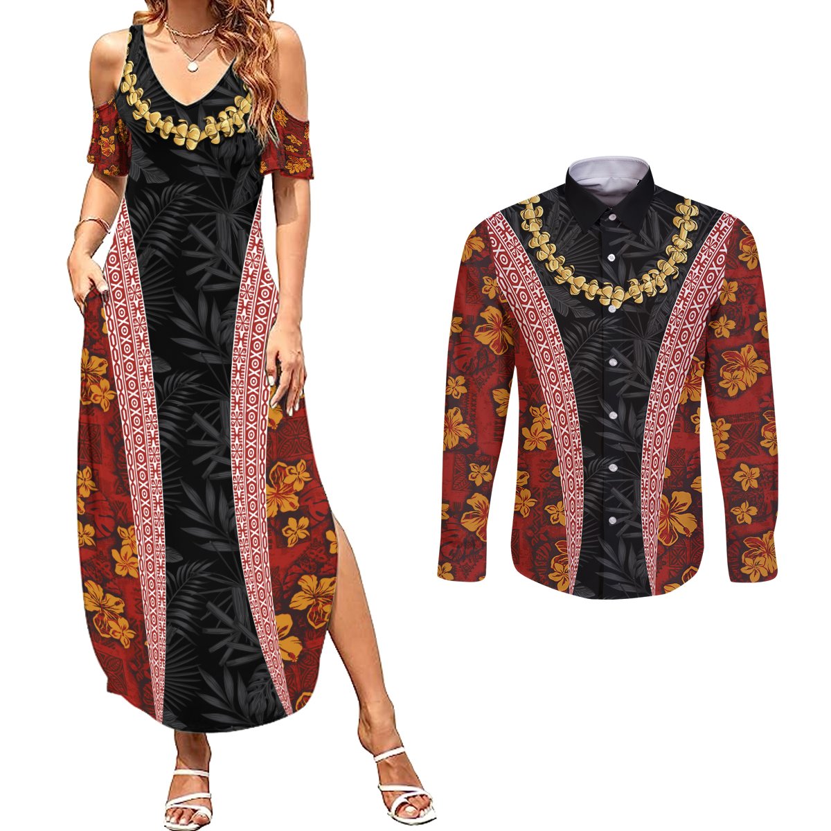 Hawaii Lei and Hibiscus Flowers Tribal Couples Matching Summer Maxi Dress and Long Sleeve Button Shirt Patchwork Abstract Vintage LT03 Red - Polynesian Pride