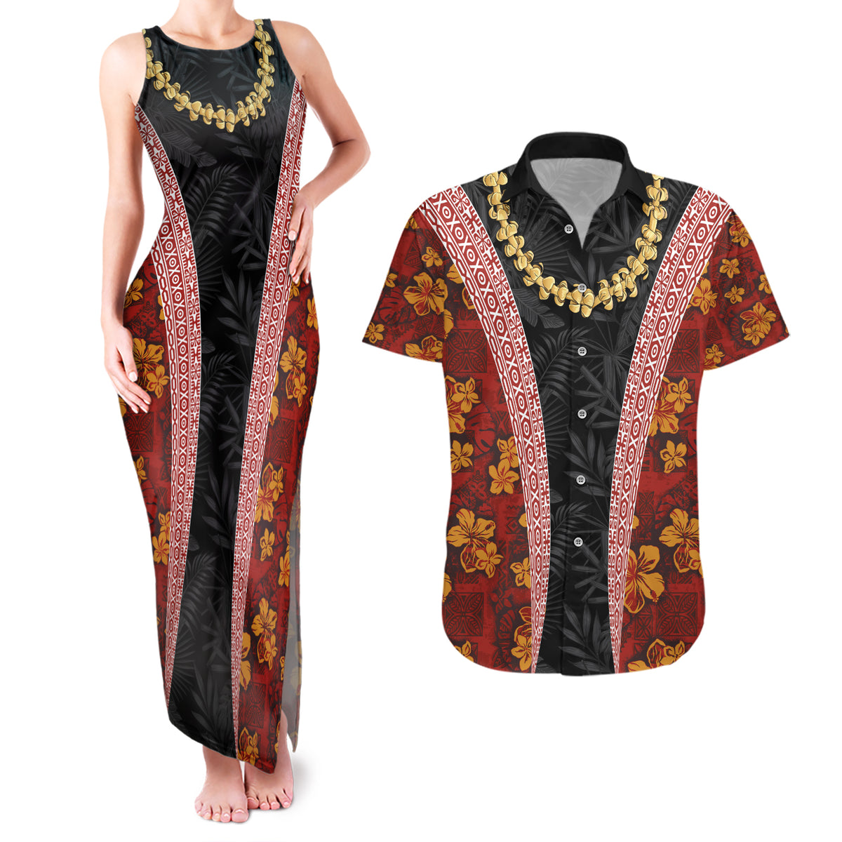 Hawaii Lei and Hibiscus Flowers Tribal Couples Matching Tank Maxi Dress and Hawaiian Shirt Patchwork Abstract Vintage
