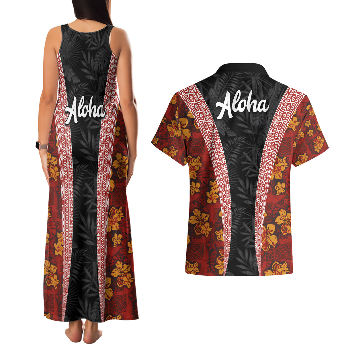 Hawaii Lei and Hibiscus Flowers Tribal Couples Matching Tank Maxi Dress and Hawaiian Shirt Patchwork Abstract Vintage