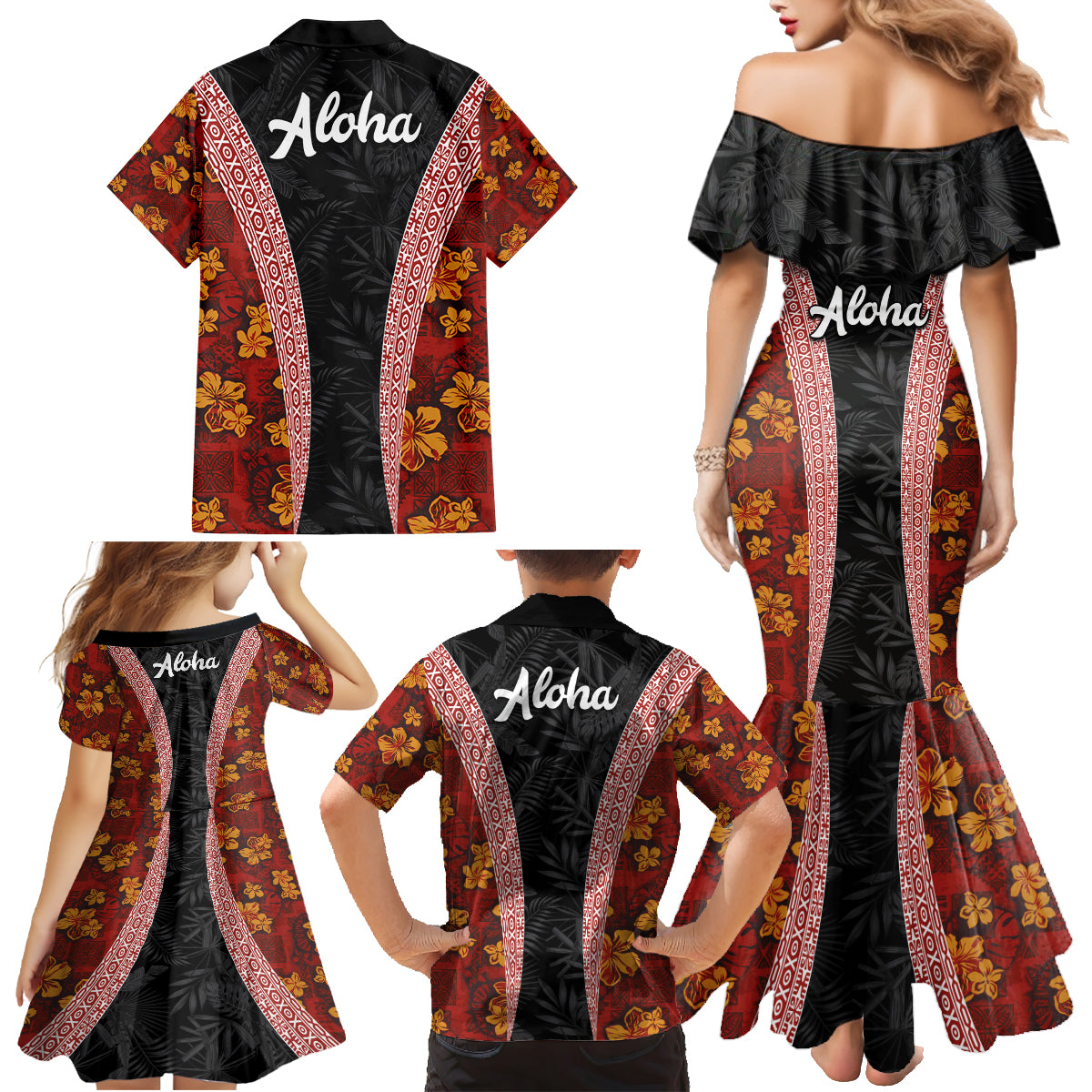 Hawaii Lei and Hibiscus Flowers Tribal Family Matching Mermaid Dress and Hawaiian Shirt Patchwork Abstract Vintage