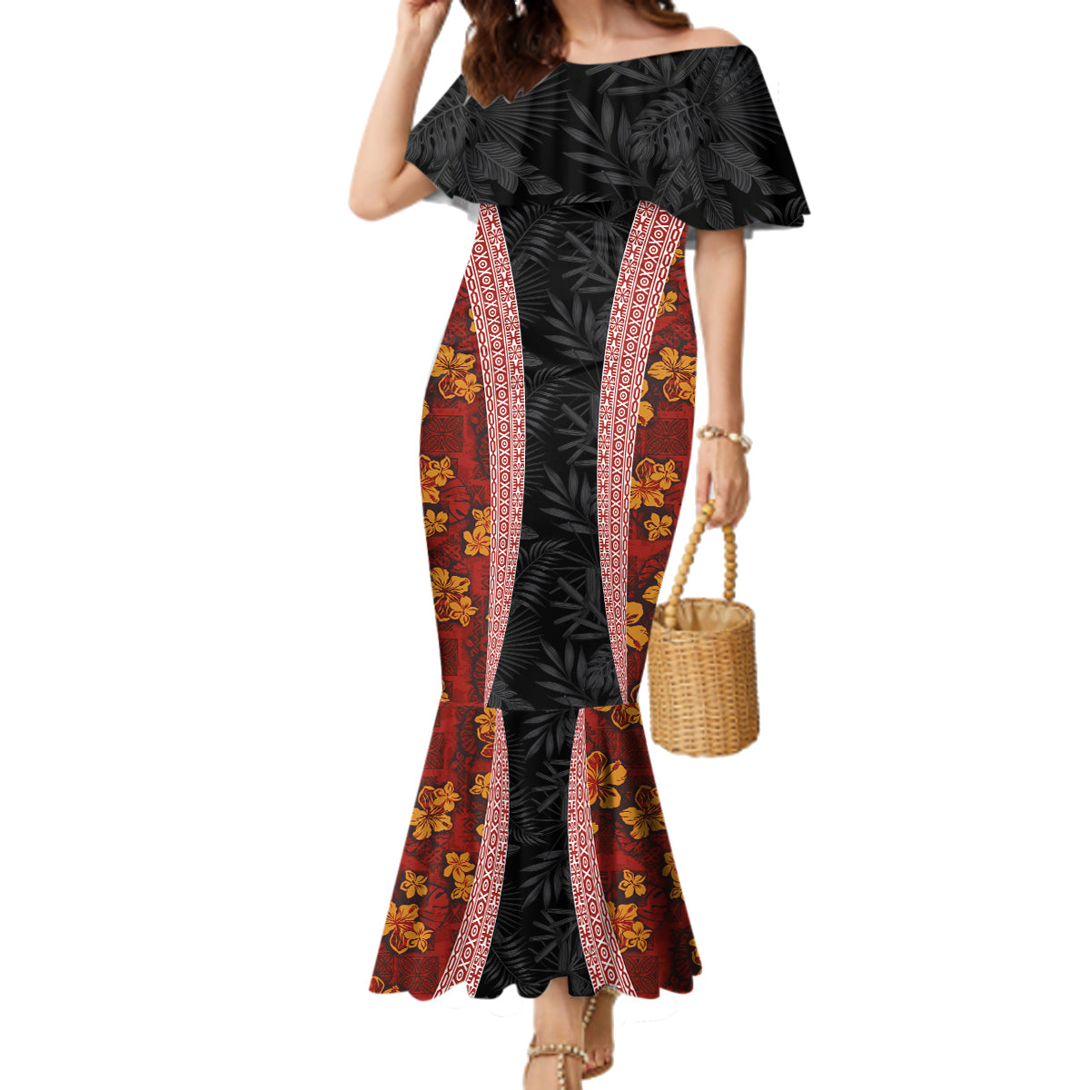 Hawaii Lei and Hibiscus Flowers Tribal Family Matching Mermaid Dress and Hawaiian Shirt Patchwork Abstract Vintage