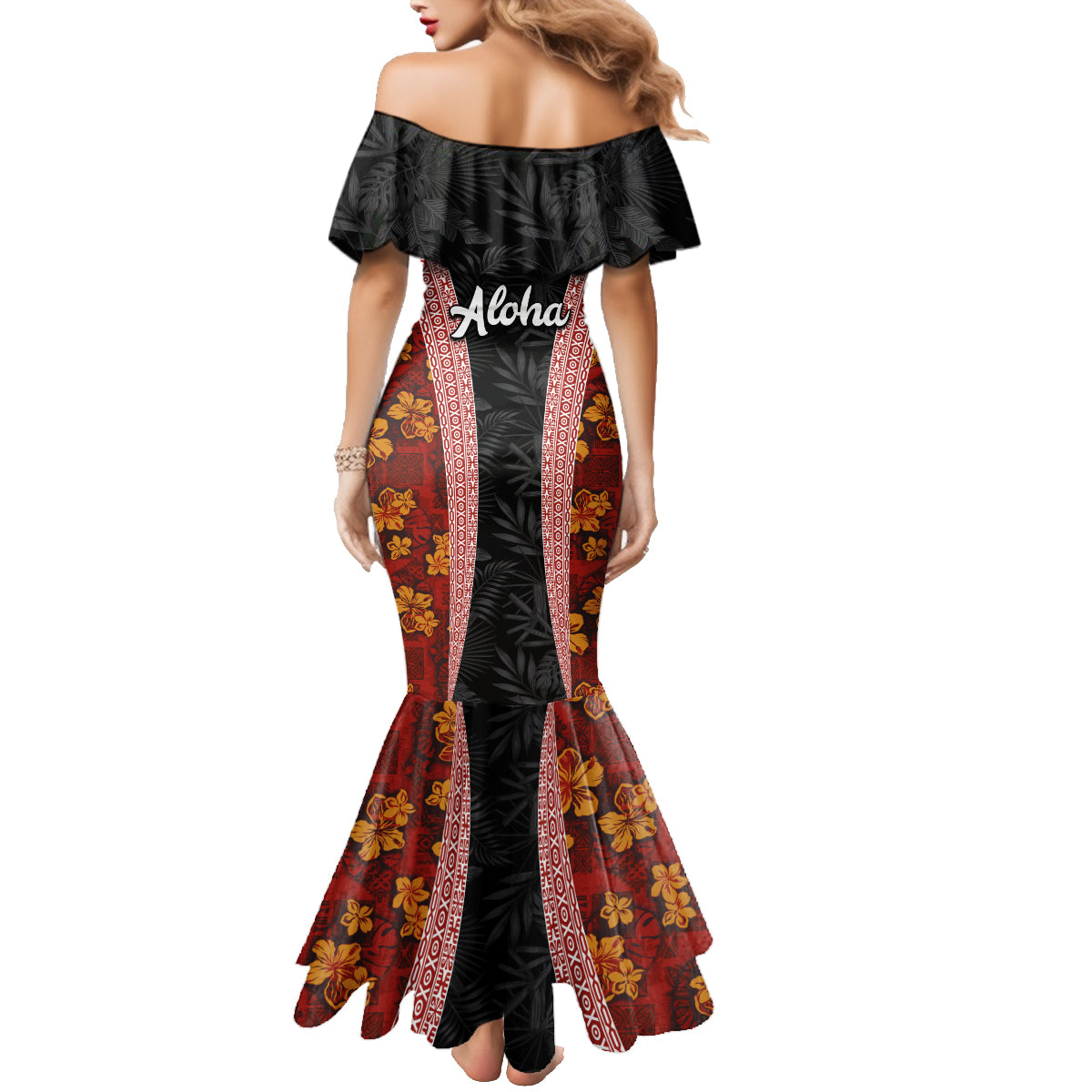 Hawaii Lei and Hibiscus Flowers Tribal Family Matching Mermaid Dress and Hawaiian Shirt Patchwork Abstract Vintage