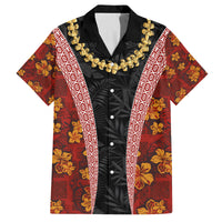 Hawaii Lei and Hibiscus Flowers Tribal Family Matching Off The Shoulder Long Sleeve Dress and Hawaiian Shirt Patchwork Abstract Vintage