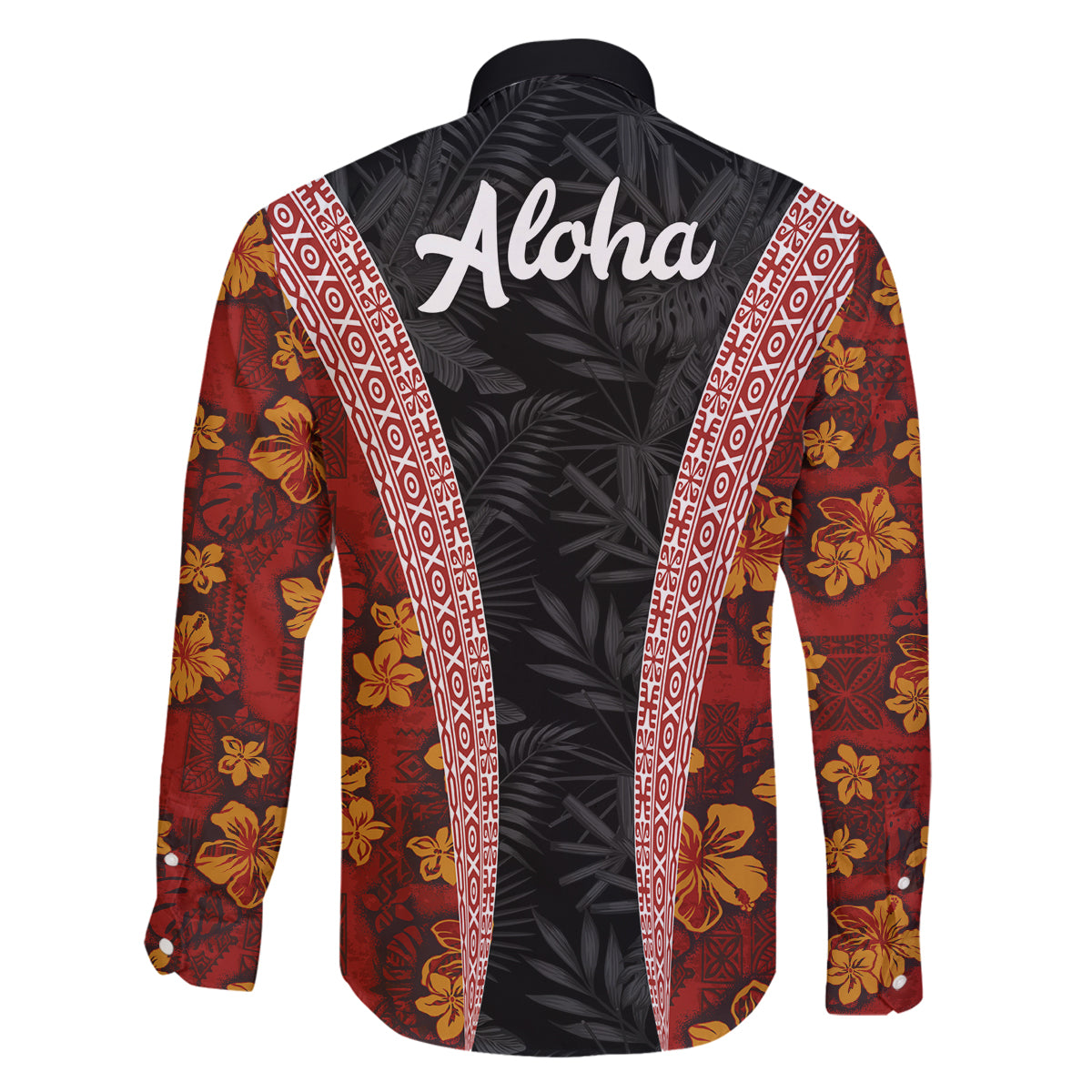 Hawaii Lei and Hibiscus Flowers Tribal Family Matching Off The Shoulder Long Sleeve Dress and Hawaiian Shirt Patchwork Abstract Vintage