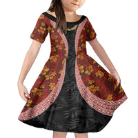Hawaii Lei and Hibiscus Flowers Tribal Family Matching Off Shoulder Maxi Dress and Hawaiian Shirt Patchwork Abstract Vintage LT03 Daughter's Dress Red - Polynesian Pride