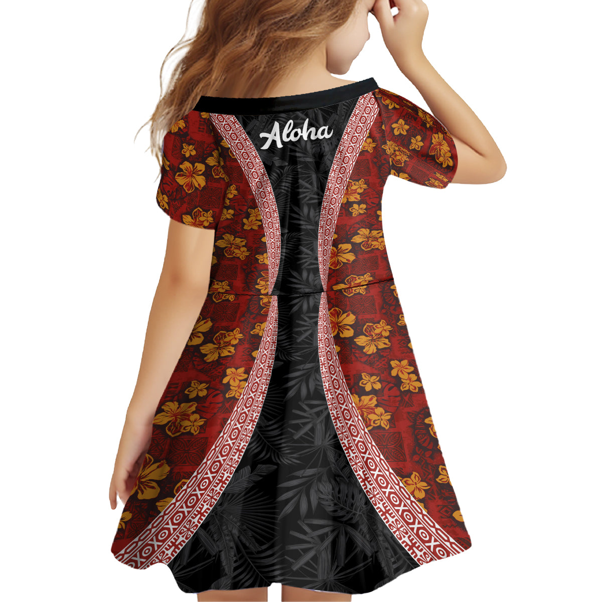 Hawaii Lei and Hibiscus Flowers Tribal Family Matching Off Shoulder Maxi Dress and Hawaiian Shirt Patchwork Abstract Vintage LT03 - Polynesian Pride