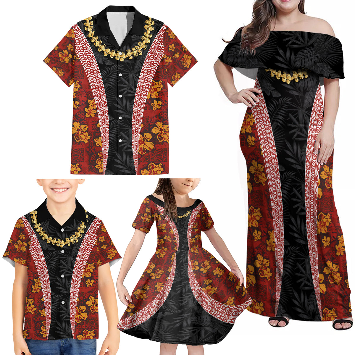 Hawaii Lei and Hibiscus Flowers Tribal Family Matching Off Shoulder Maxi Dress and Hawaiian Shirt Patchwork Abstract Vintage LT03 - Polynesian Pride