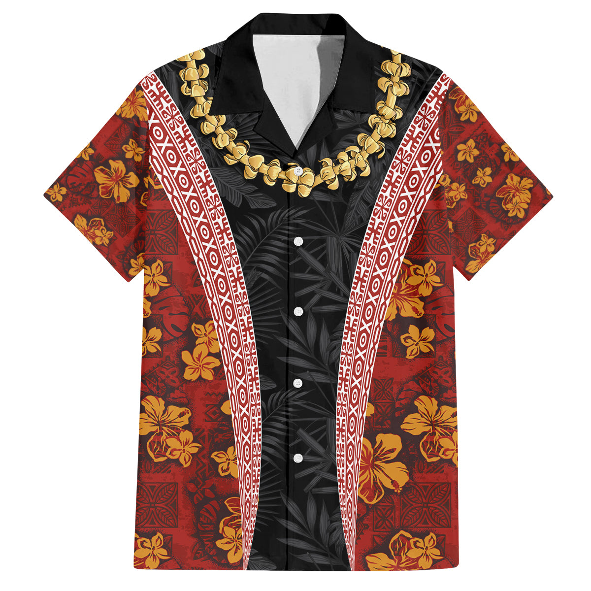 Hawaii Lei and Hibiscus Flowers Tribal Family Matching Puletasi and Hawaiian Shirt Patchwork Abstract Vintage