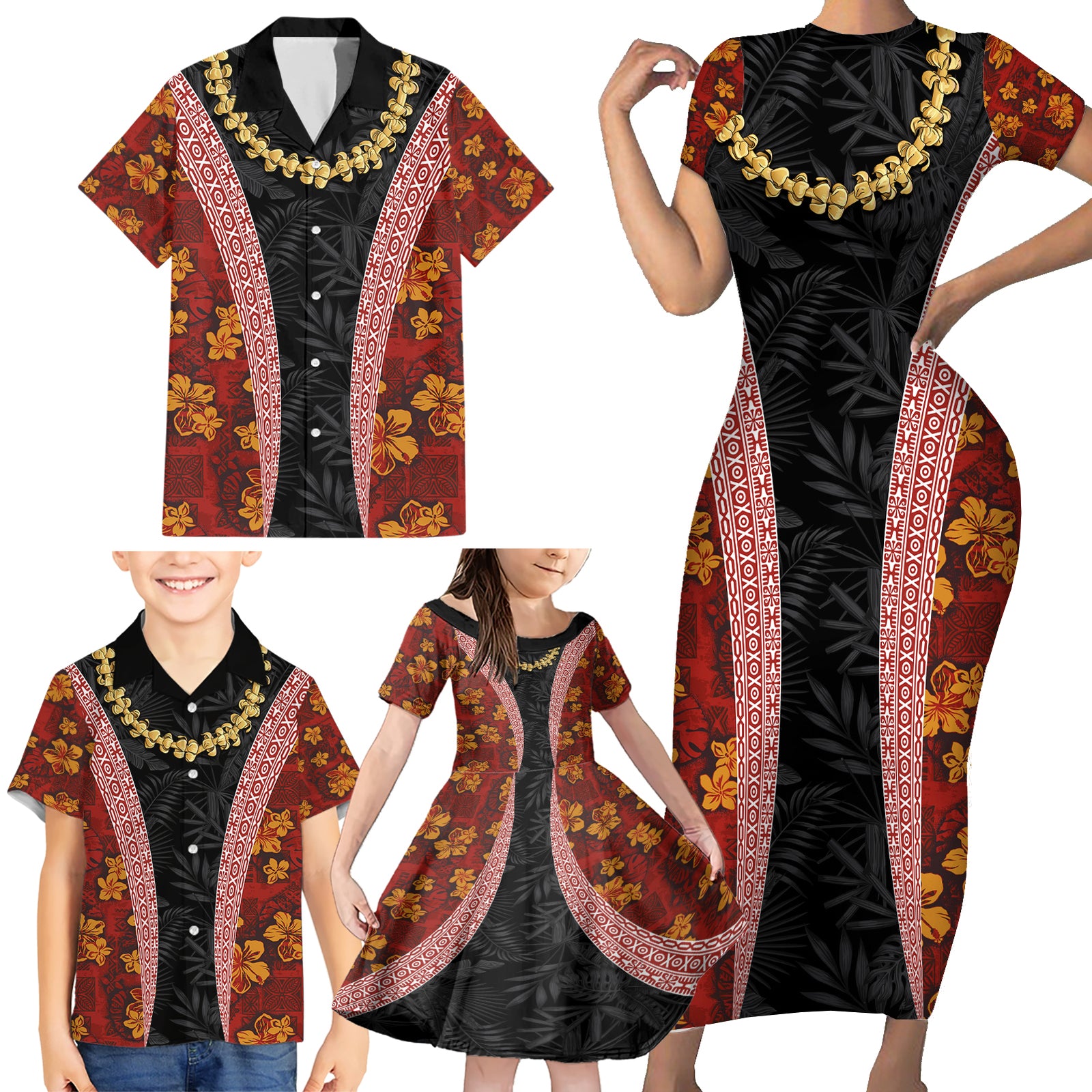 Hawaii Lei and Hibiscus Flowers Tribal Family Matching Short Sleeve Bodycon Dress and Hawaiian Shirt Patchwork Abstract Vintage LT03 - Polynesian Pride