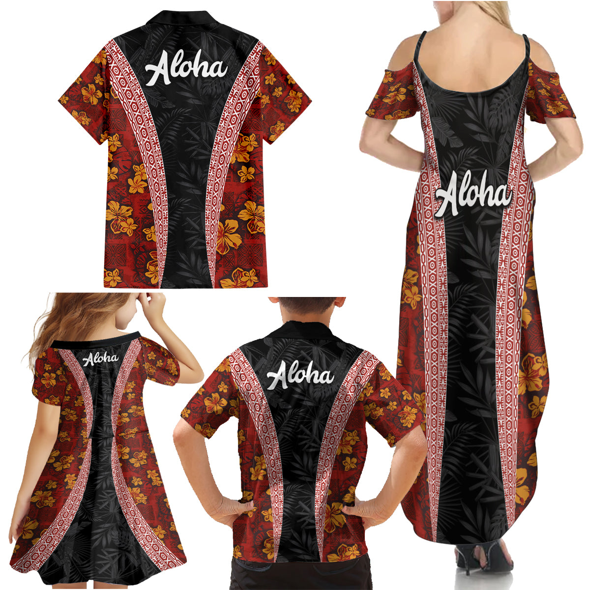 Hawaii Lei and Hibiscus Flowers Tribal Family Matching Summer Maxi Dress and Hawaiian Shirt Patchwork Abstract Vintage