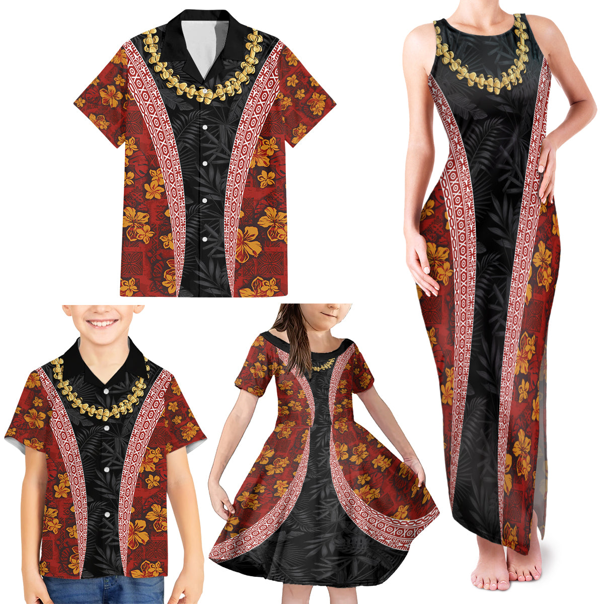 Hawaii Lei and Hibiscus Flowers Tribal Family Matching Tank Maxi Dress and Hawaiian Shirt Patchwork Abstract Vintage LT03 - Polynesian Pride