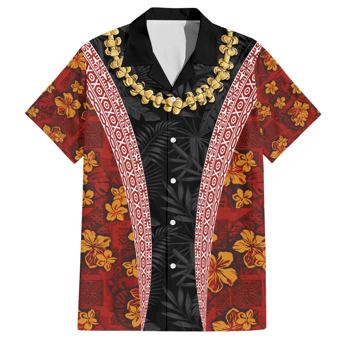 Hawaii Lei and Hibiscus Flowers Tribal Hawaiian Shirt Patchwork Abstract Vintage LT03 Red - Polynesian Pride