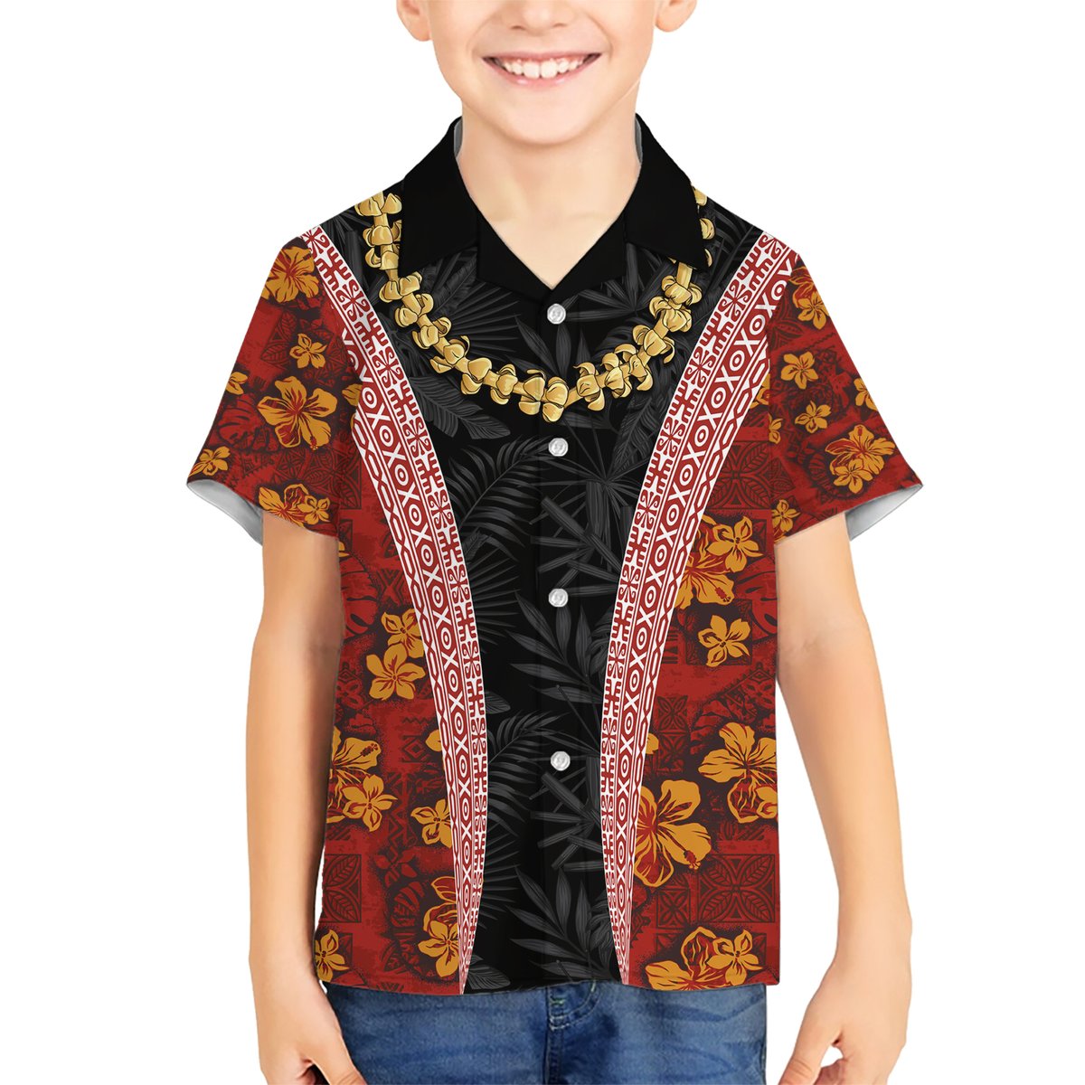 Hawaii Lei and Hibiscus Flowers Tribal Hawaiian Shirt Patchwork Abstract Vintage LT03 - Polynesian Pride