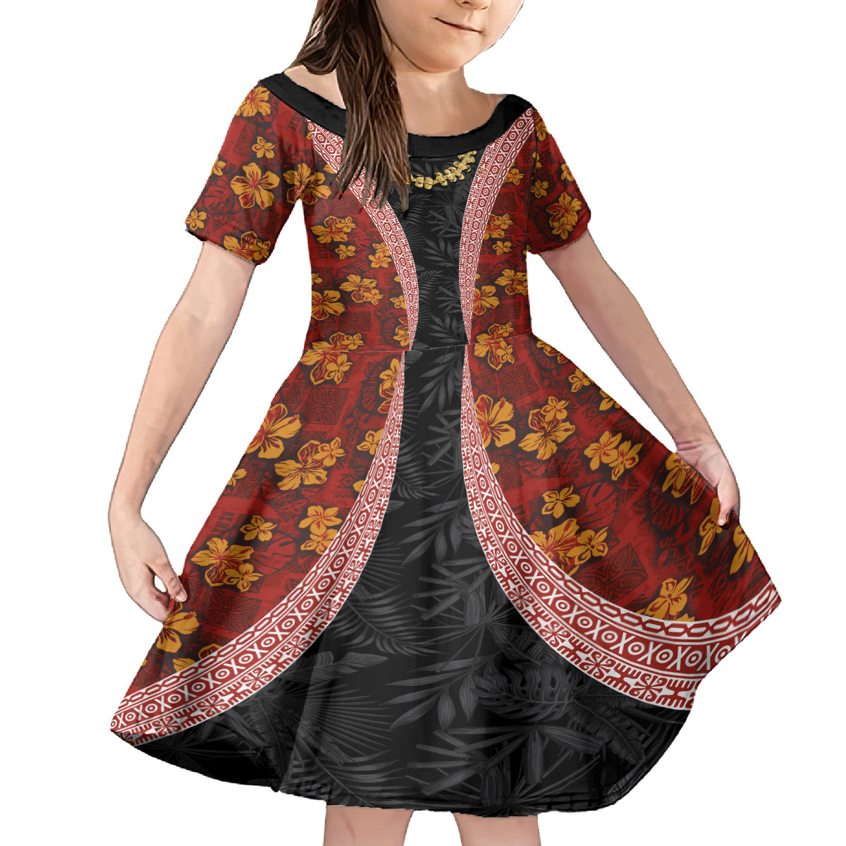 Hawaii Lei and Hibiscus Flowers Tribal Kid Short Sleeve Dress Patchwork Abstract Vintage LT03 KID Red - Polynesian Pride