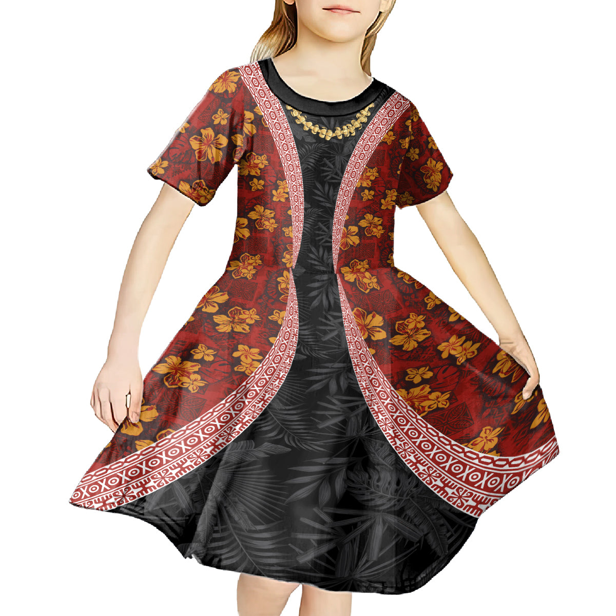Hawaii Lei and Hibiscus Flowers Tribal Kid Short Sleeve Dress Patchwork Abstract Vintage LT03 - Polynesian Pride