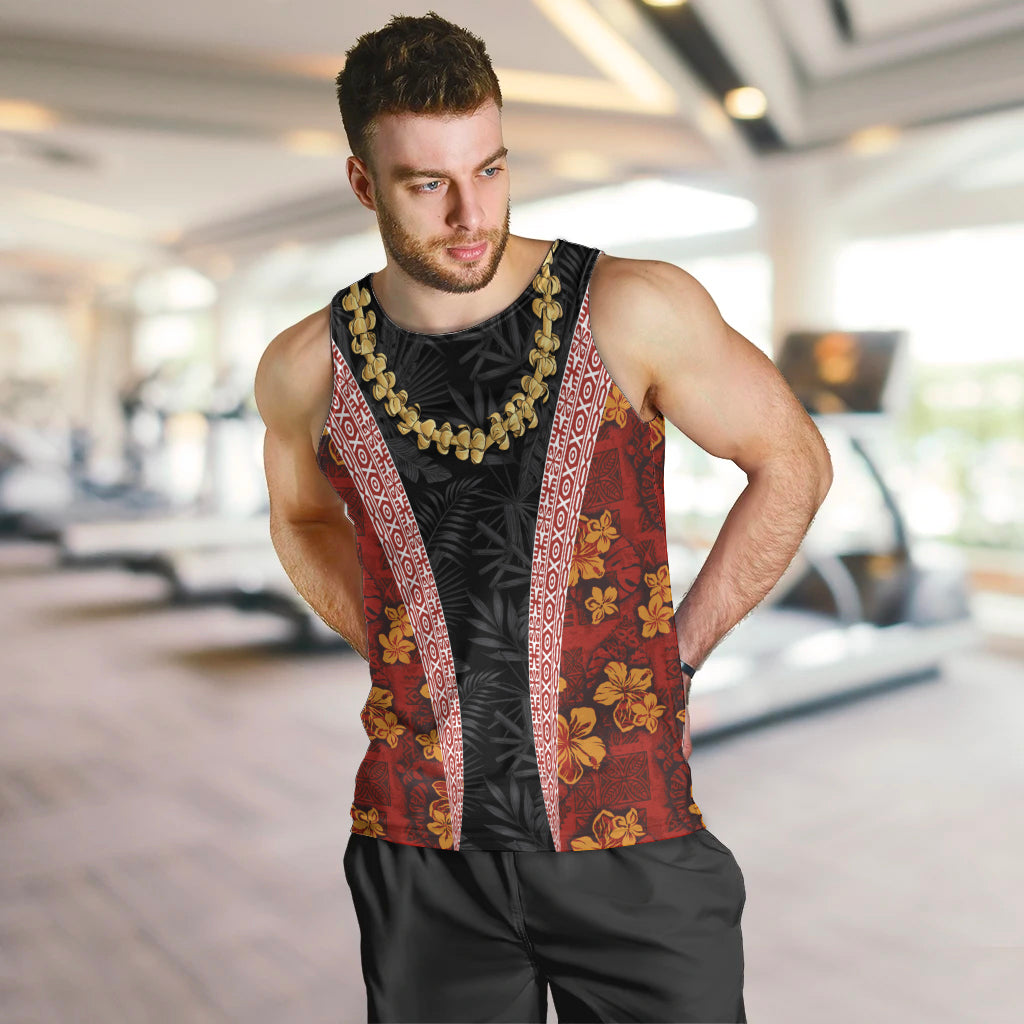 Hawaii Lei and Hibiscus Flowers Tribal Men Tank Top Patchwork Abstract Vintage LT03 Red - Polynesian Pride