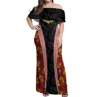 Hawaii Lei and Hibiscus Flowers Tribal Off Shoulder Maxi Dress Patchwork Abstract Vintage LT03 Women Red - Polynesian Pride