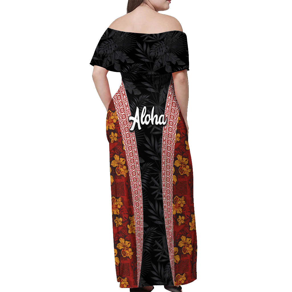Hawaii Lei and Hibiscus Flowers Tribal Off Shoulder Maxi Dress Patchwork Abstract Vintage LT03 - Polynesian Pride